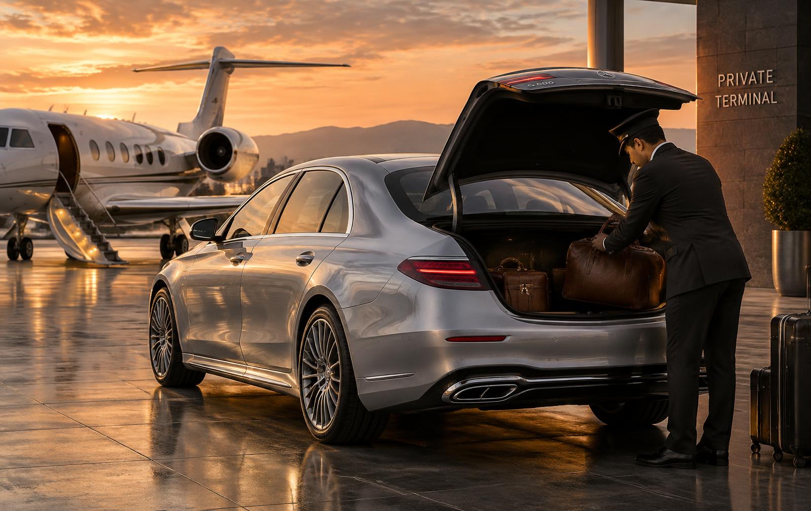 Silver Mercedes-Benz at a private jet terminal, chauffeur loading luggage