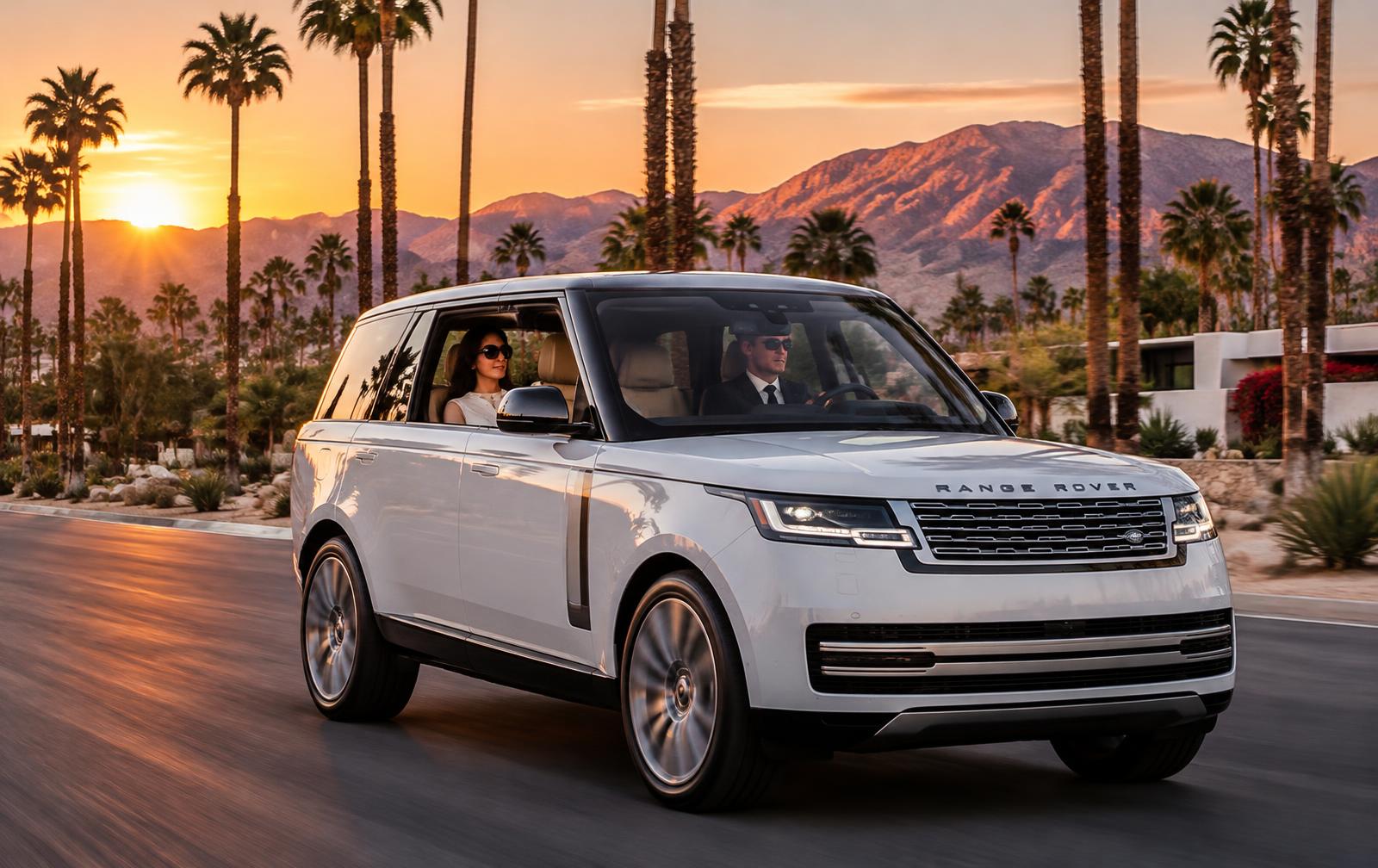 White Range Rover on a palm-lined Palm Springs road at sunset with a chauffeur driving